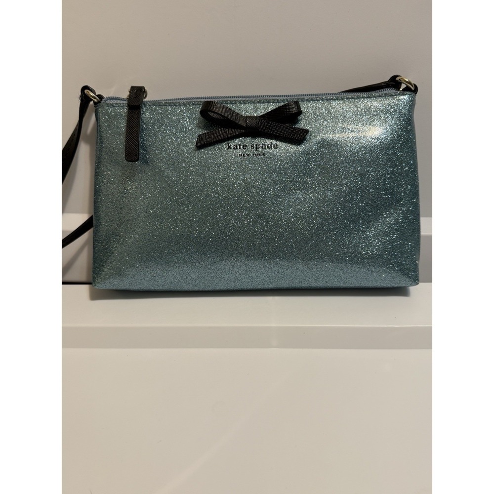 Kate Spade Crossbody Bag Womens Small Blue Glitter Bow Accent Zip Top Pouch